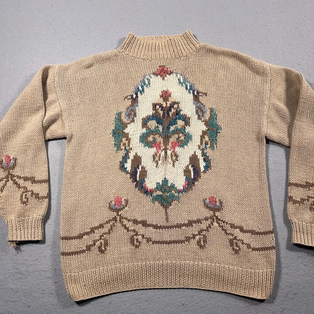 VTG Ann Taylor Sweater Women M Beige Floral Tapestry Knit Grannycore Cottagecore - Picture 2 of 9